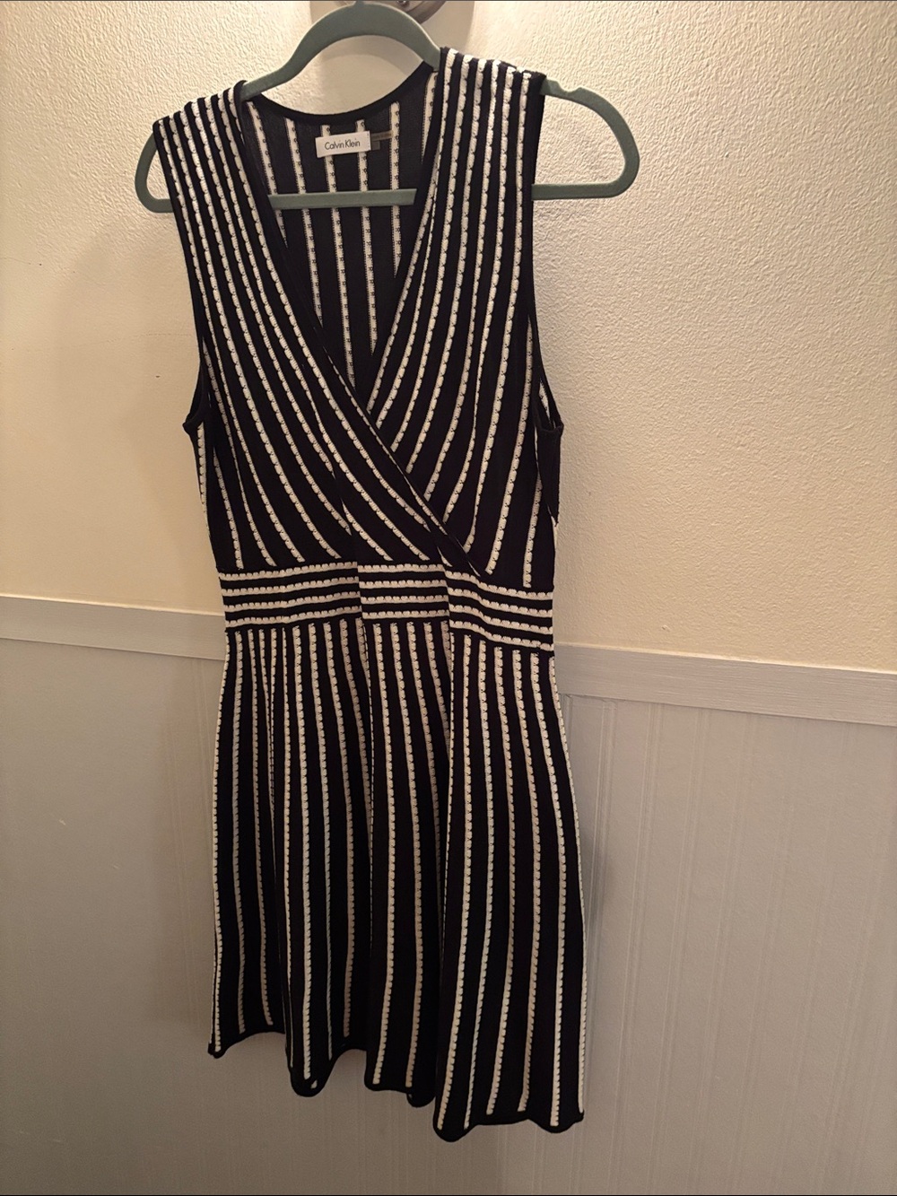 Calvin Klein Black and White Striped V-Neck Mini Dress